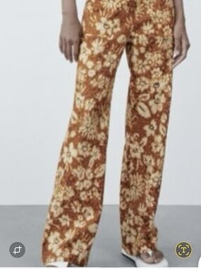 Zara Straight Leg Pants in Yellow, Orange & Brown Patchwork Print